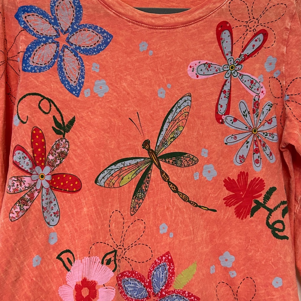 Jess & Jane Cotton Peach Dragonfly Tunic Florals Spring Summer Natural Fiber M - Picture 7 of 12